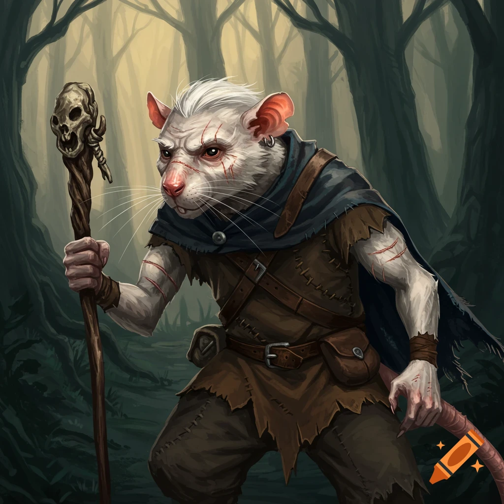 Scarred ratfolk character in a forest, holding a skull-topped staff.
