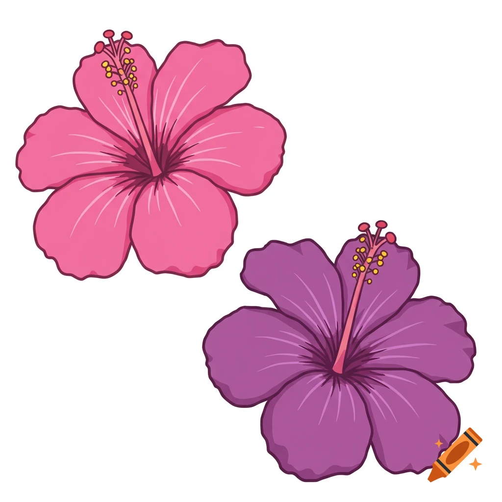 Two cartoon hibiscus flowers, one pink and one purple, on a white background.