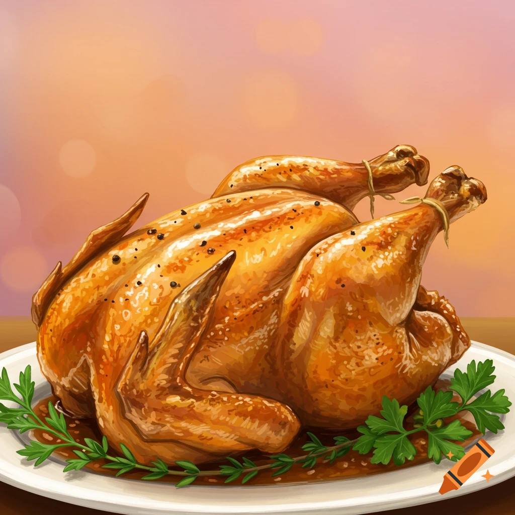 A roasted chicken on a white plate with gravy and herbs