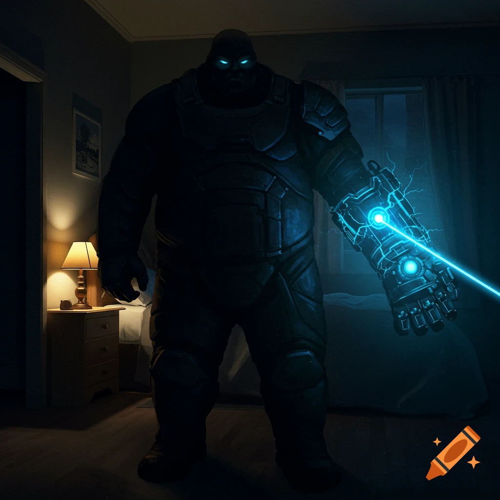 Large armored figure with glowing eyes and laser gauntlet stands in a dark bedroom.