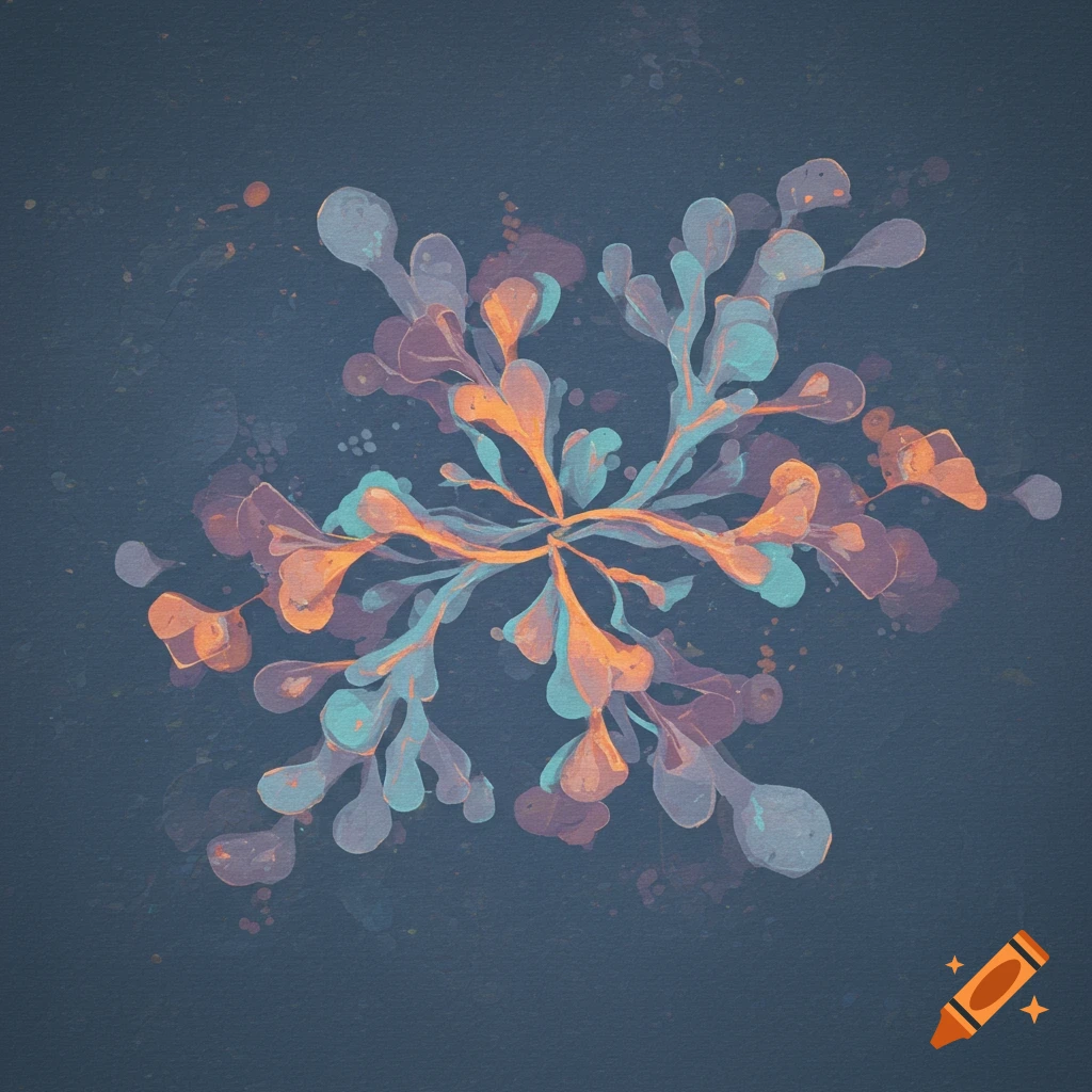 Abstract symmetrical layered shapes in orange, teal, and purple with splatters on a dark background.
