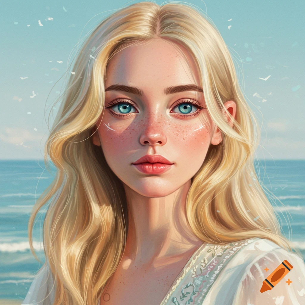 A blonde woman with blue eyes stands by the ocean.