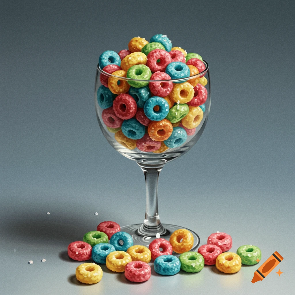 A goblet overflows with colorful ring cereal, with some scattered nearby.
