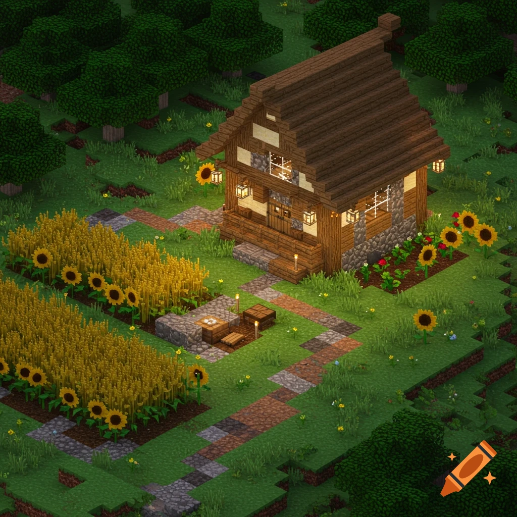 A Minecraft-style isometric view of a farmhouse on a farm with wheat fields and sunflowers.
