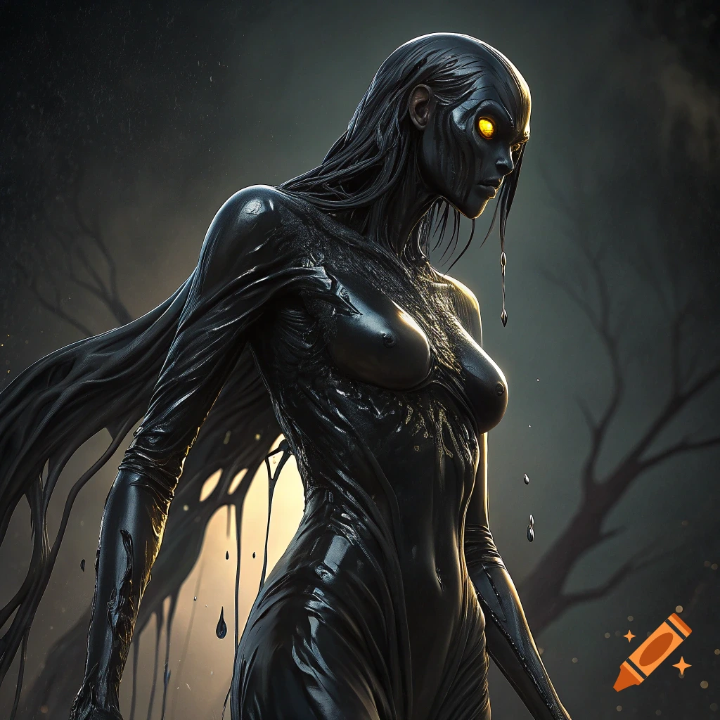 A dark, humanoid figure made of black liquid stands in a murky, shadowed environment with glowing yellow eyes.