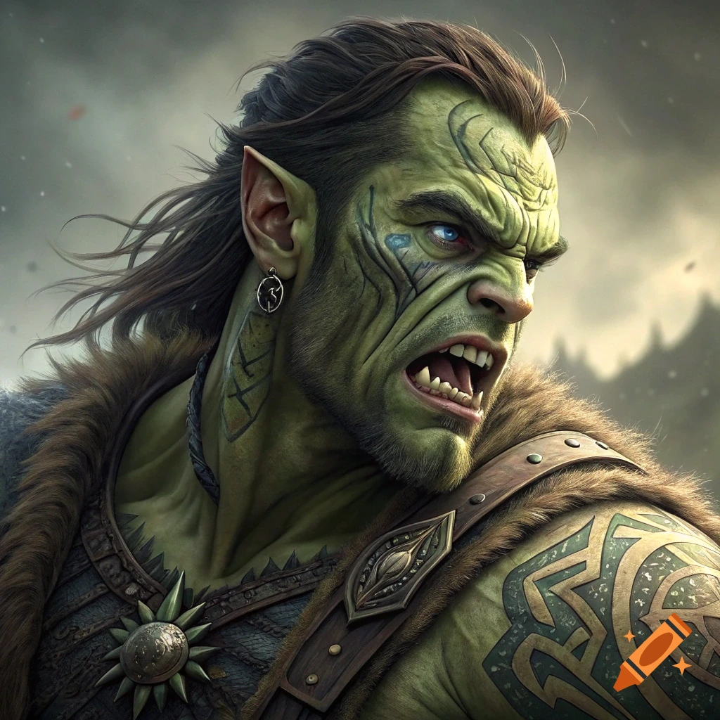 A close-up portrait of a fierce orc with green skin and detailed armor.