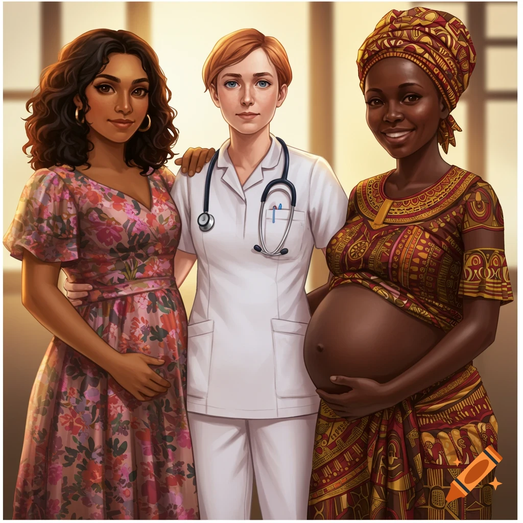 A nurse is standing between two pregnant women of different ethnicities.