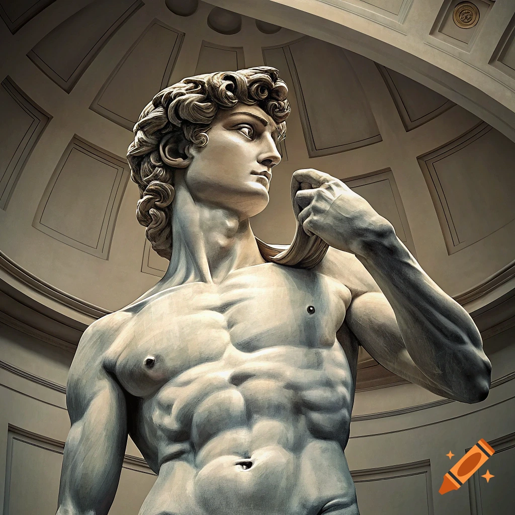 Close-up view of Michelangelo's David sculpture in a museum setting.