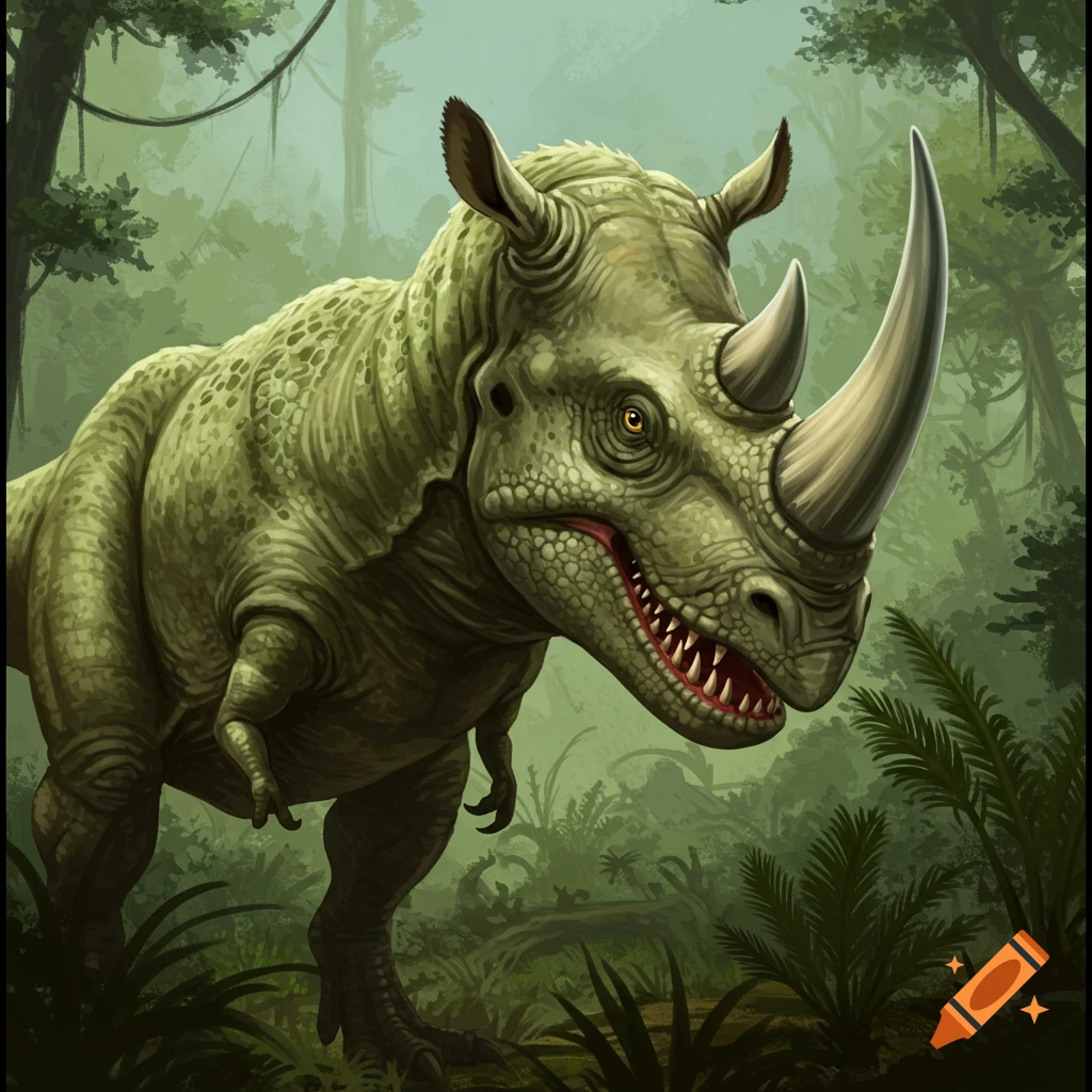 A T-Rex with rhinoceros horns in a jungle.