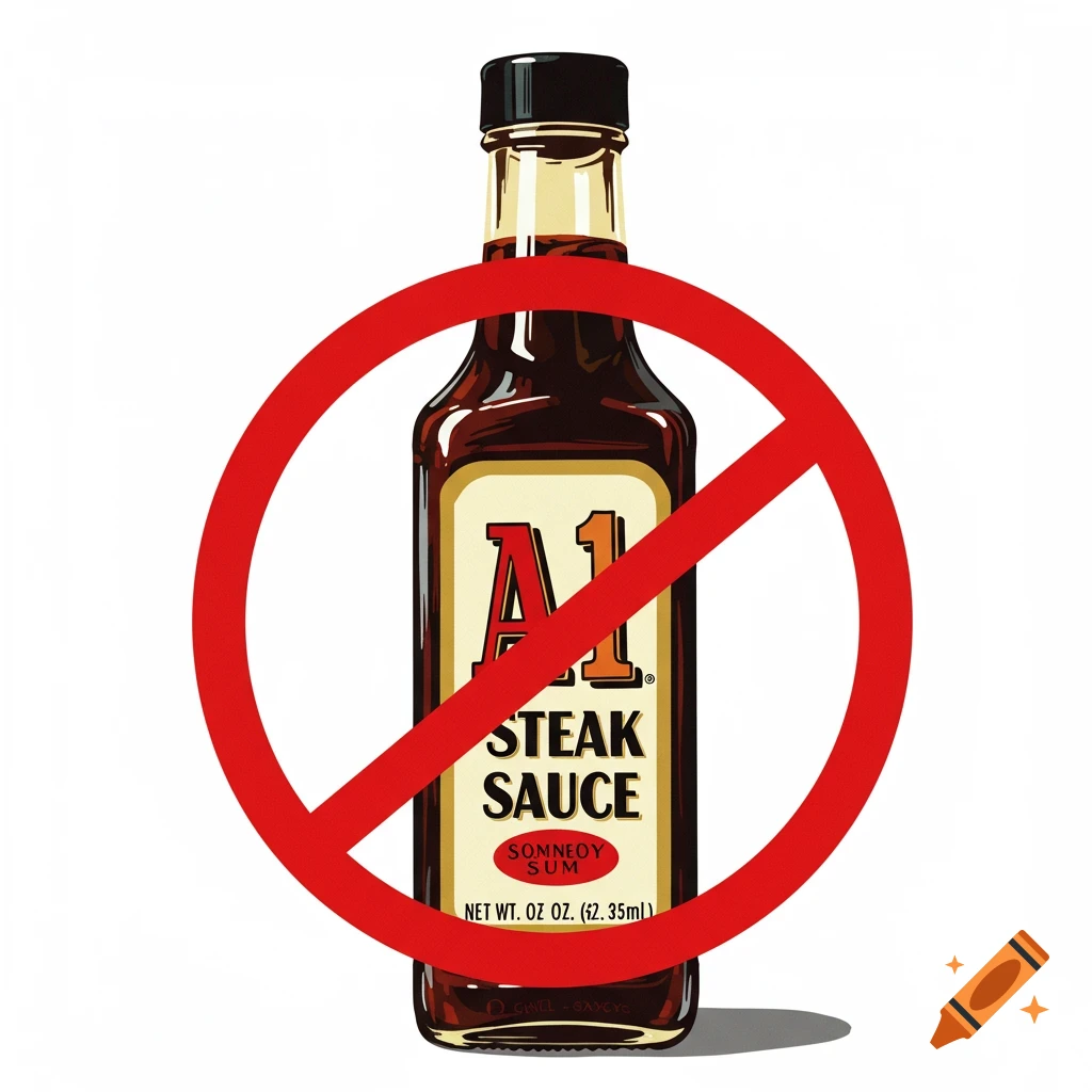 An A1 steak sauce bottle with a red circle and slash over it.