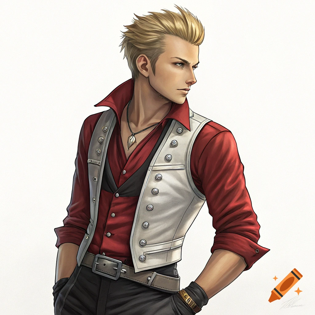Illustration of a blonde man in a red shirt and white vest looking to the side.
