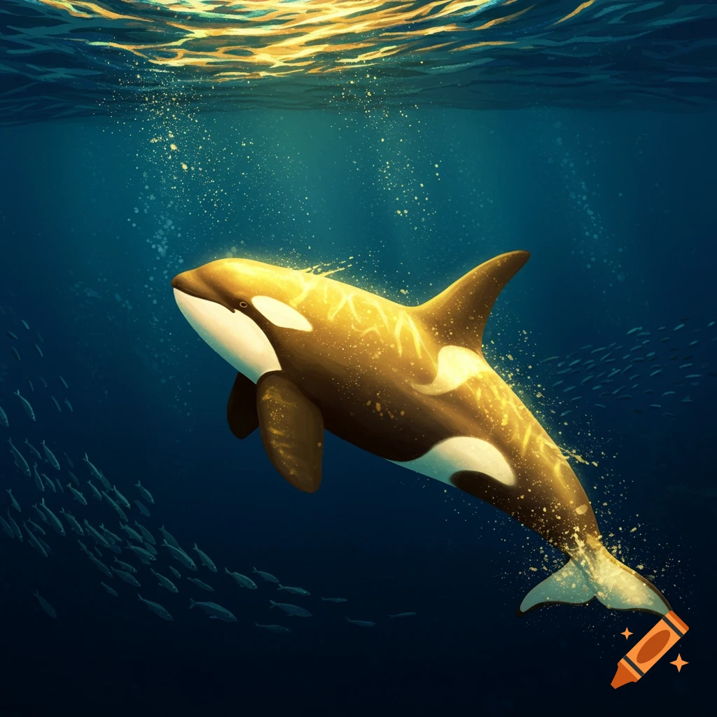 A golden orca swimming underwater with fish and light rays.
