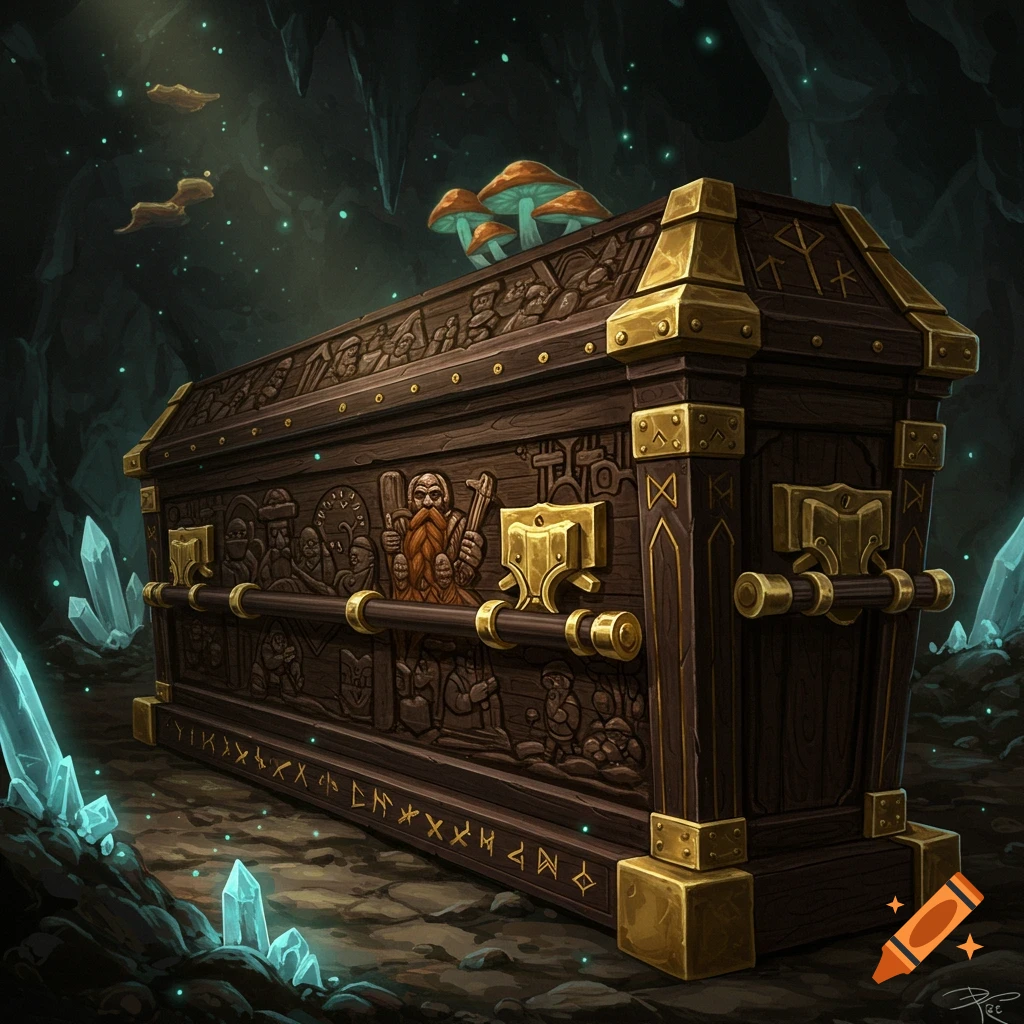 A fantasy carved wooden coffin with runes and dwarf figures sits in a dark cave with glowing crystals.