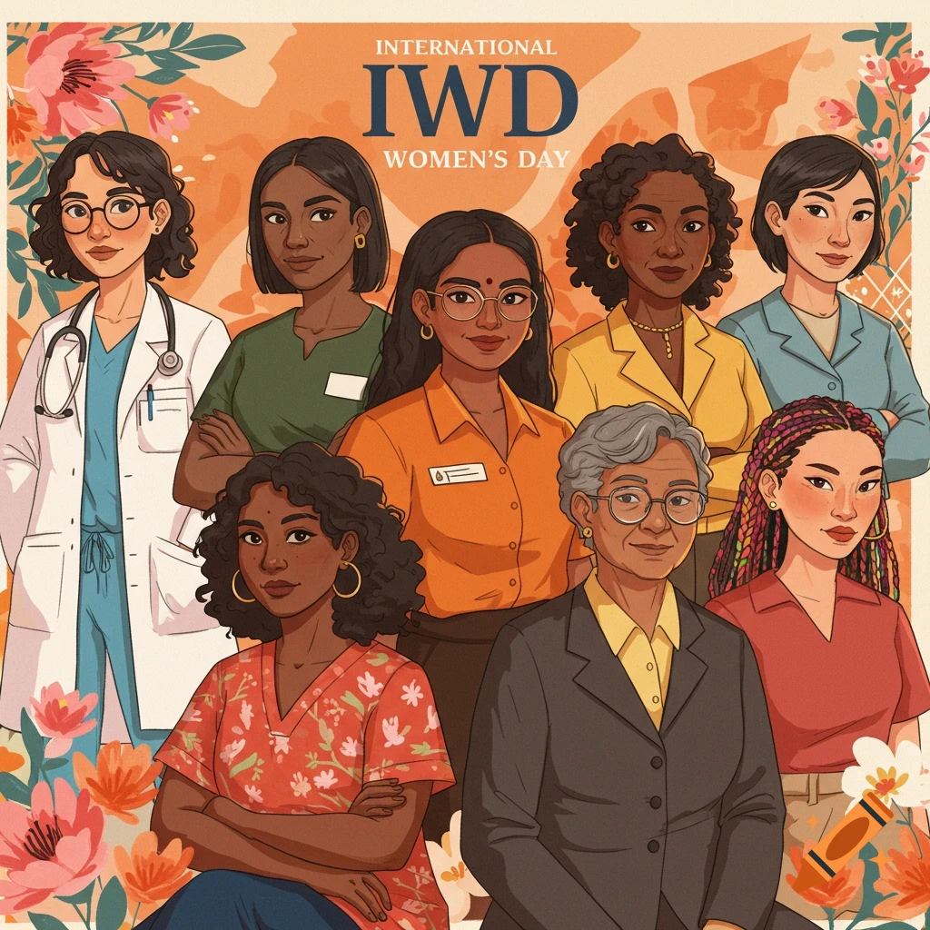 Image of diverse women in various professions with floral background, text reads 'International IWD Women's Day'.