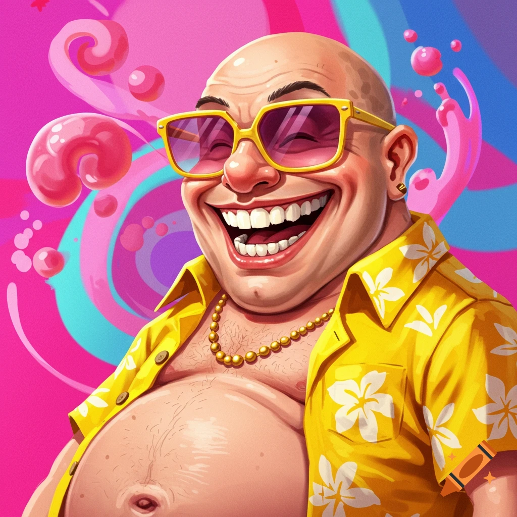 Cartoon bald man in yellow Hawaiian shirt and sunglasses laughs with colorful background.