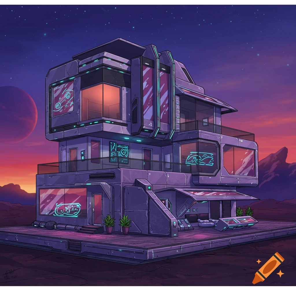 A futuristic sci-fi house on an alien planet under a sunset sky.