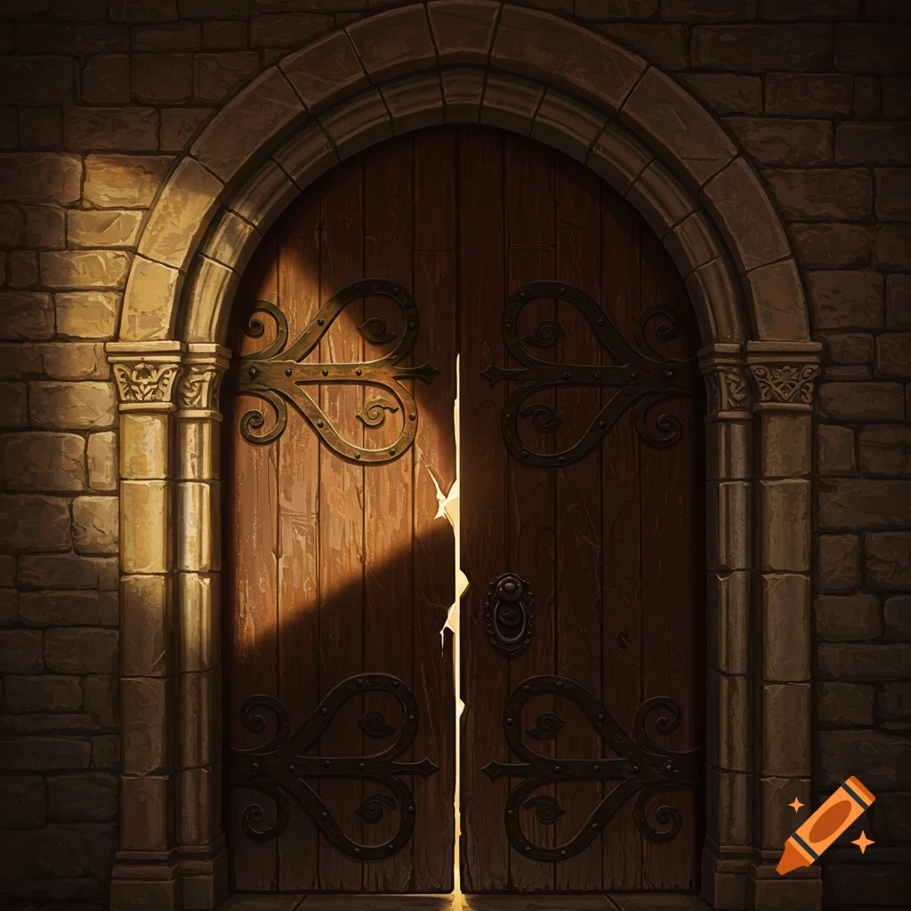 An arched wooden door is set into a stone wall, with sunlight streaming through a crack.