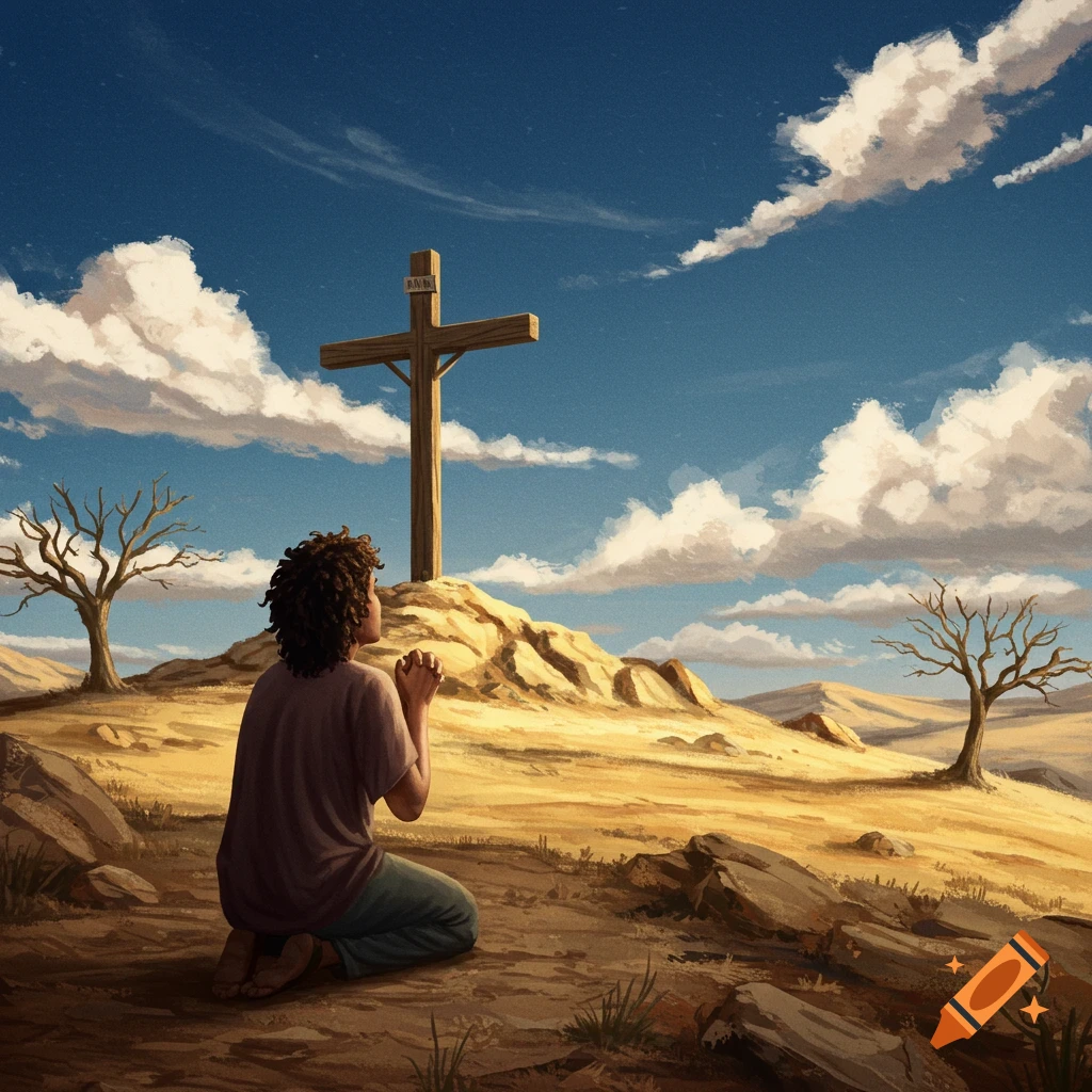 A person kneels and prays before a wooden cross on a hill in a barren landscape under a cloudy sky.