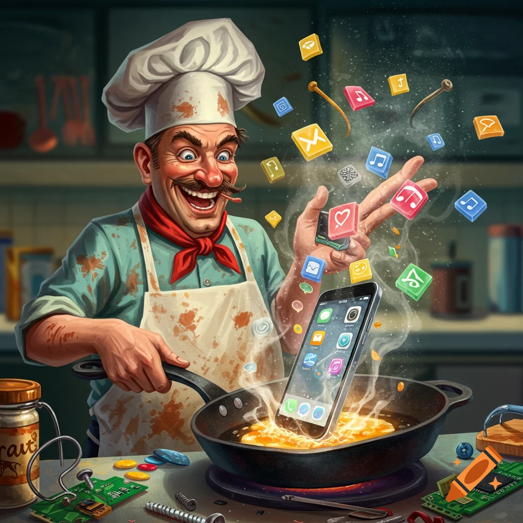 A cartoon chef cooks a smartphone in a frying pan with app icons floating around.