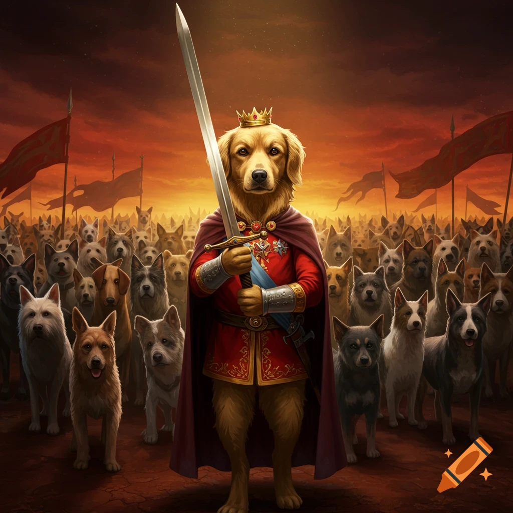 A golden retriever dog king in armor holds a sword, leading an army of dogs under a red sky.