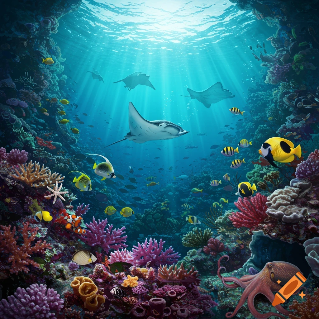 vibrant coral reef with manta rays, fish, and an octopus underwater