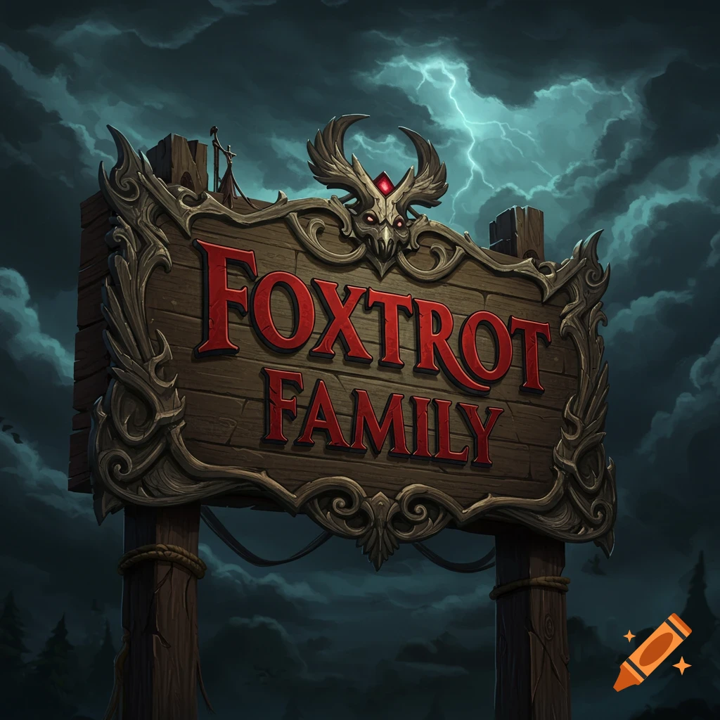 A fantasy sign saying FOXTROT FAMILY under a stormy sky with lightning