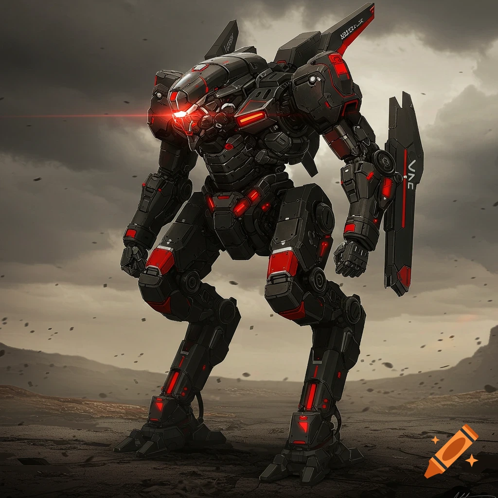 A black and red armored core mech stands on a desolate battlefield under a cloudy sky.