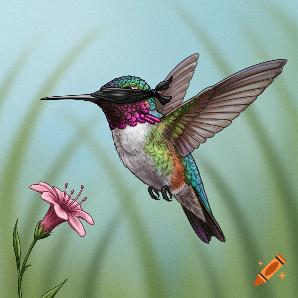 Drawing of a blindfolded hummingbird flying towards a pink flower