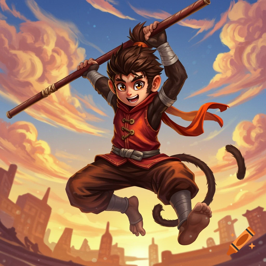 Stylized image of Monkie Kid jumping with his staff against a city skyline and dramatic sky.
