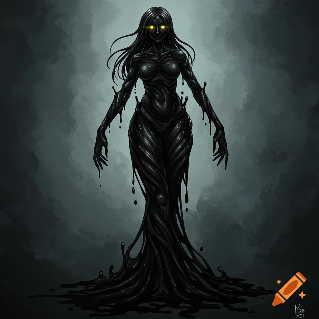 A dark liquid entity with glowing yellow eyes is standing in a puddle.