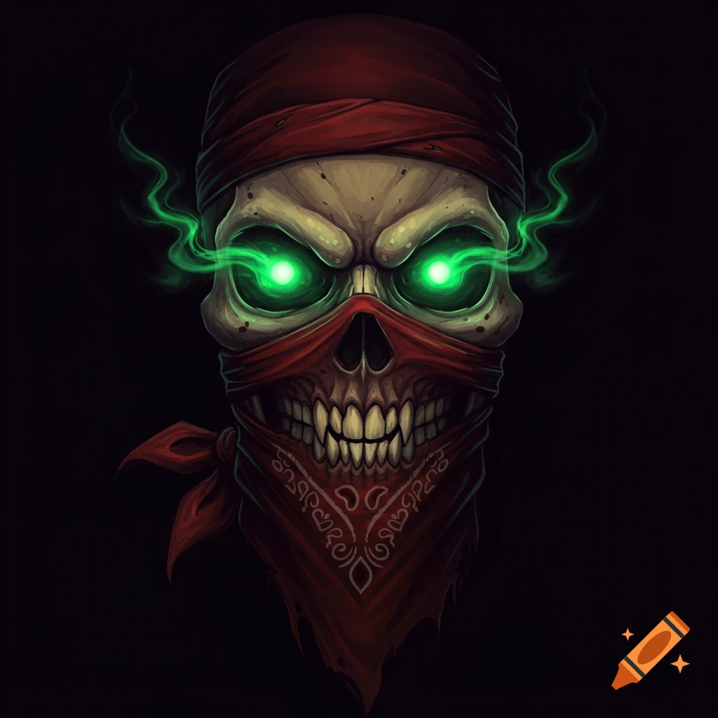 An evil skull wearing a red bandana, with glowing green eyes and green smoke.