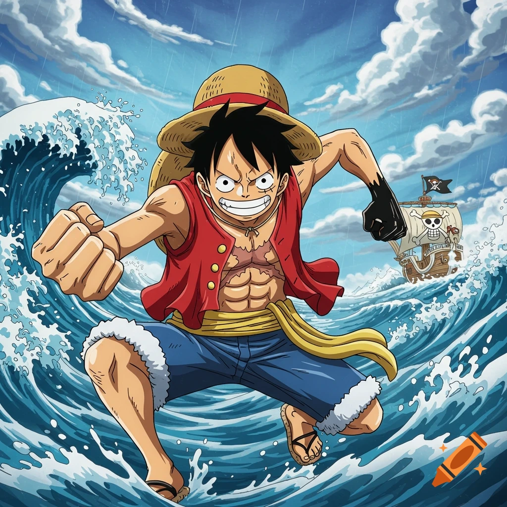 Anime illustration of Luffy jumping over waves with a pirate ship in the background.