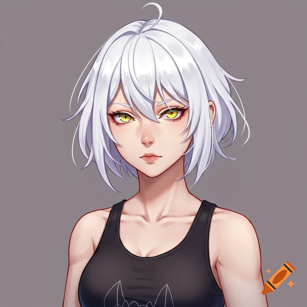 Anime portrait of a woman with white hair, yellow eyes, and a black tank top.