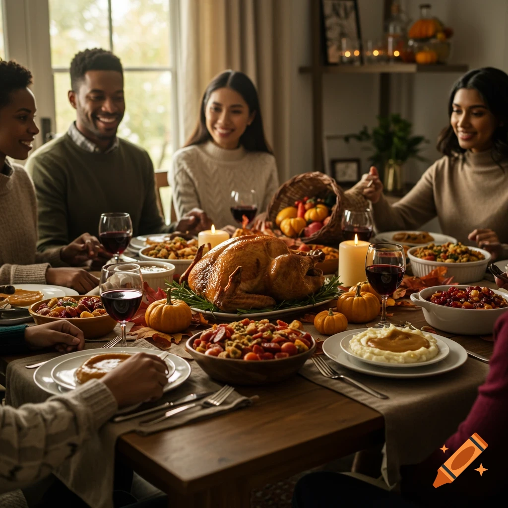 A family sits around a table enjoying Thanksgiving dinner with a roasted turkey and side dishes.