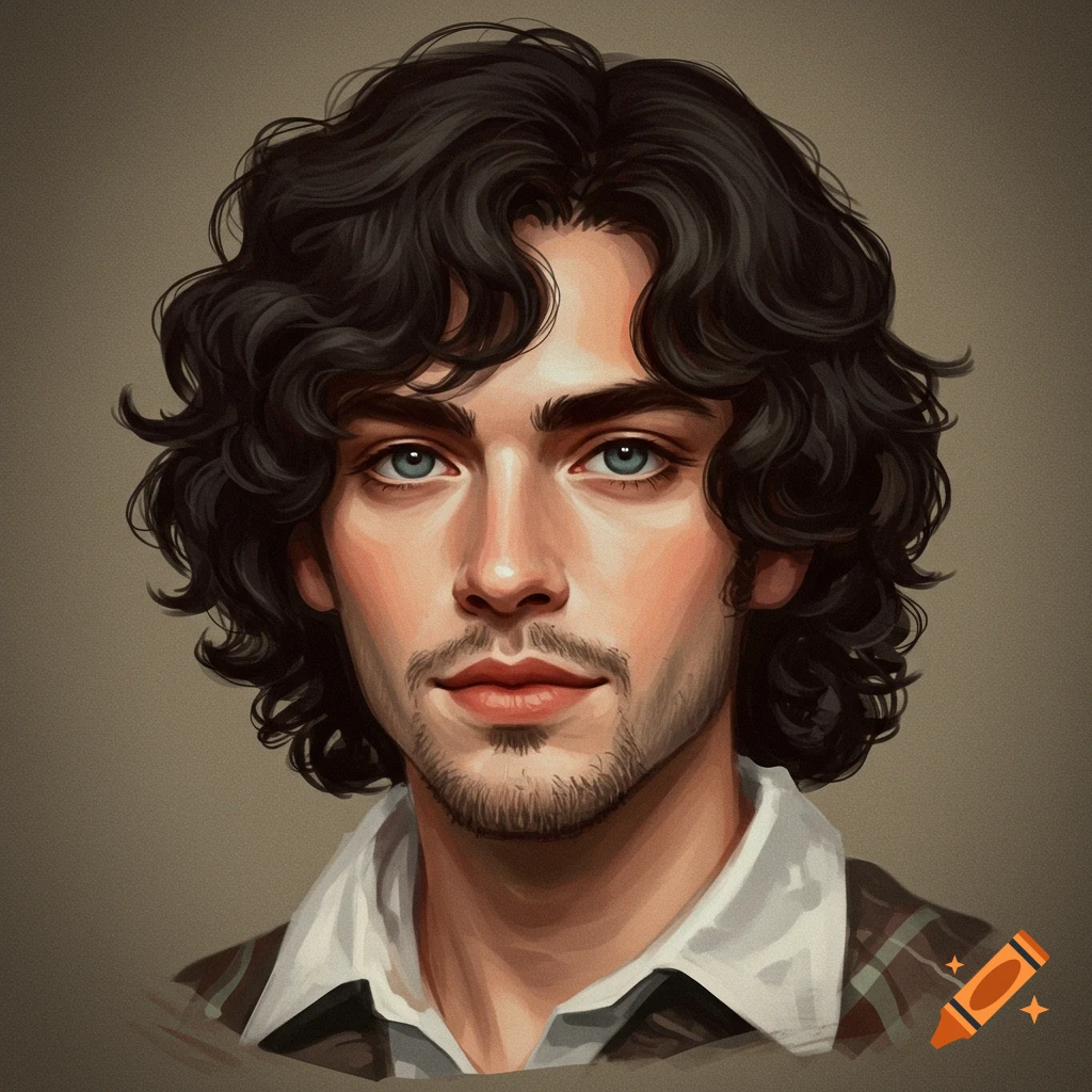 A portrait of a man with curly brown hair and blue eyes wearing a plaid shirt.