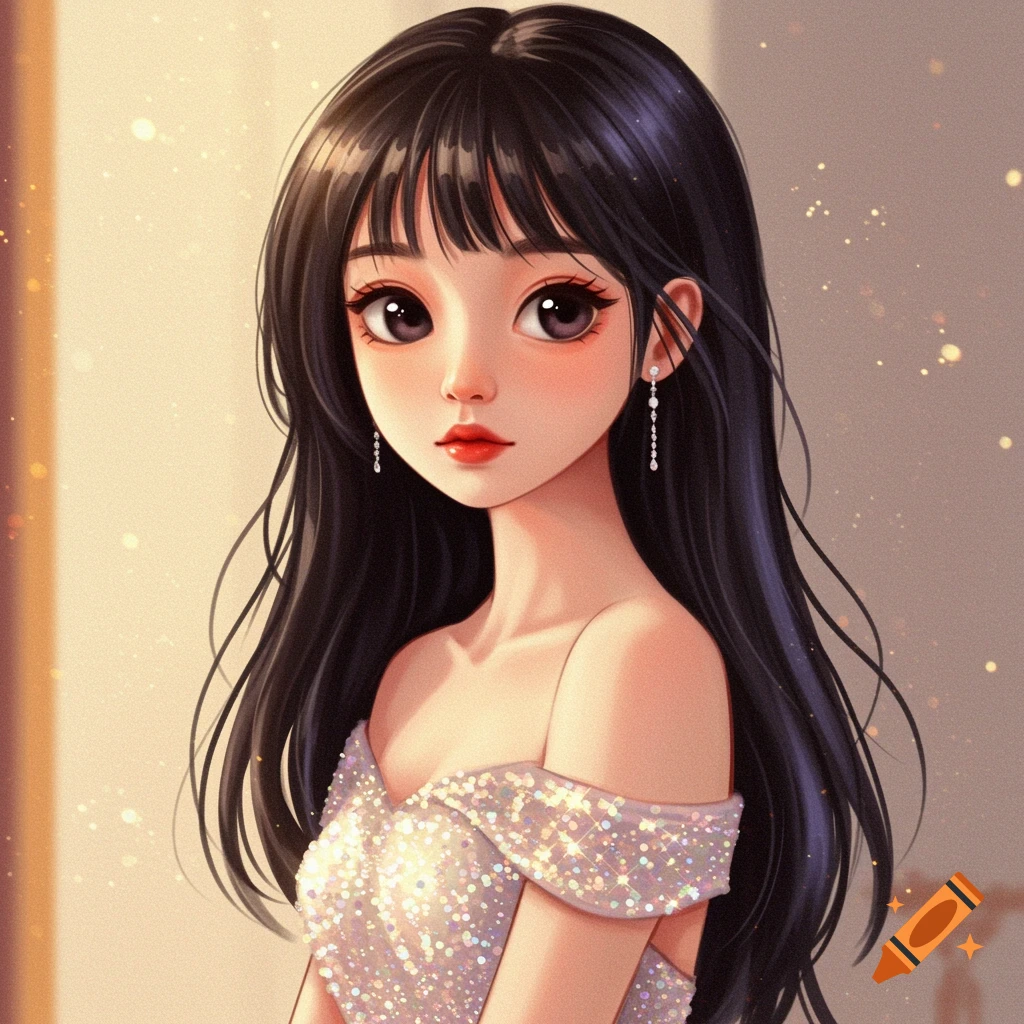 Stylized girl in sparkly dress with long black hair.