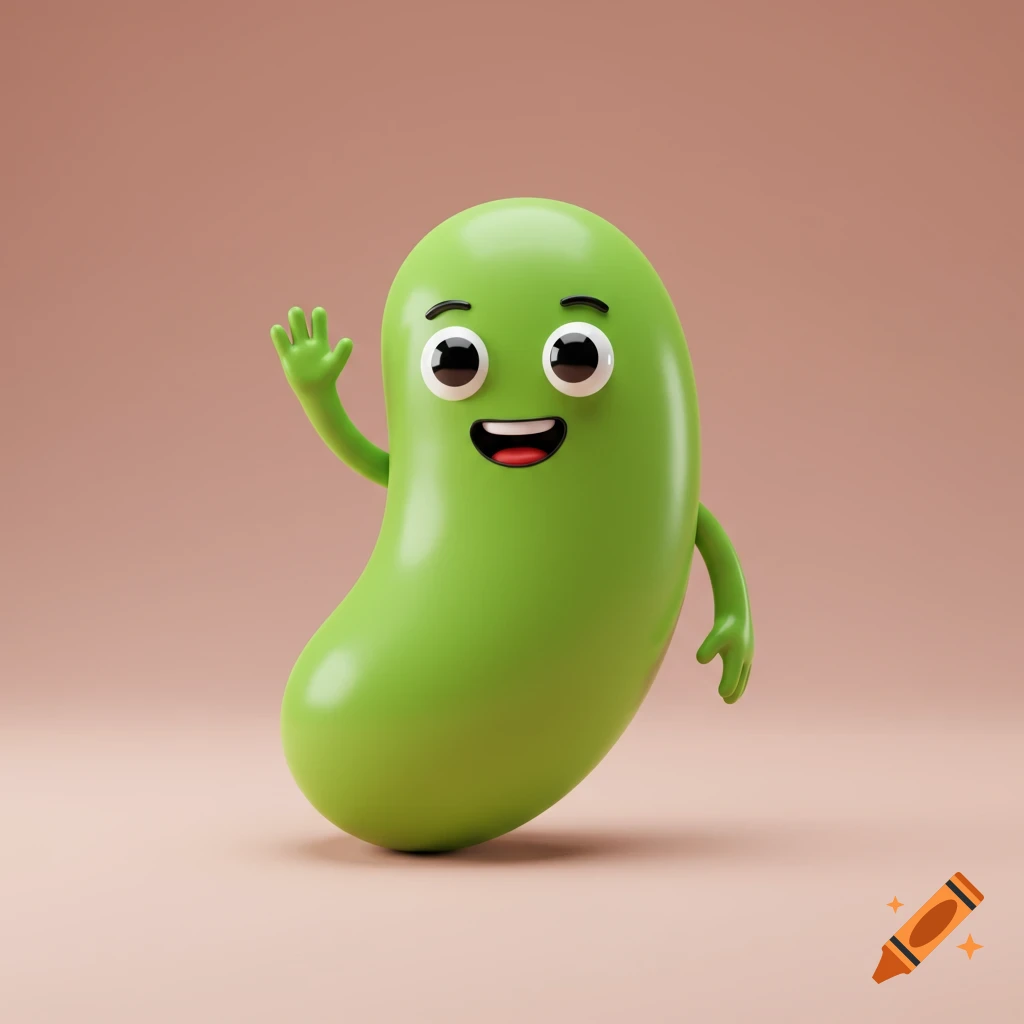A cute green bean character with big eyes waving in a cartoon 3D style.
