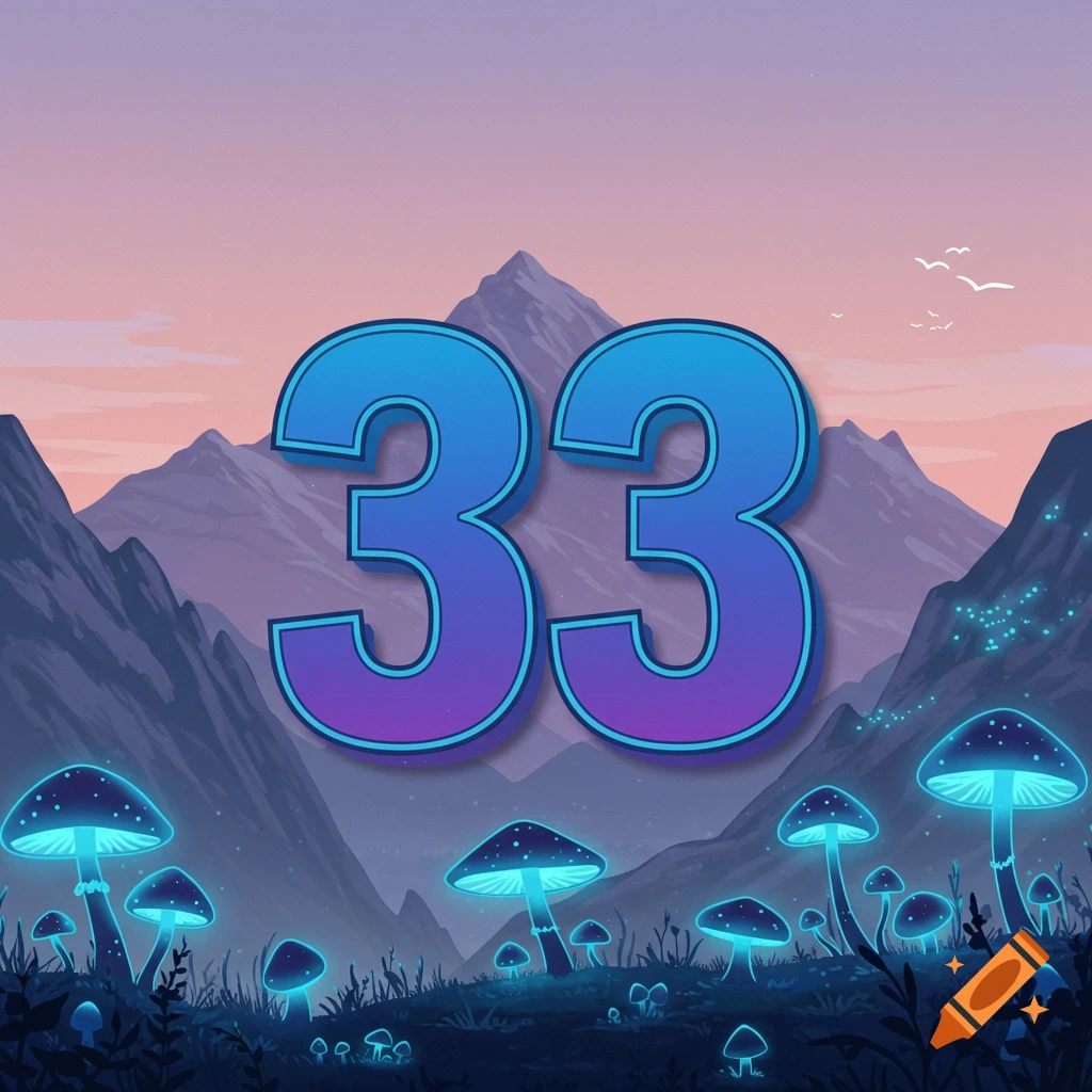 A large number 33 among mountains and glowing mushrooms