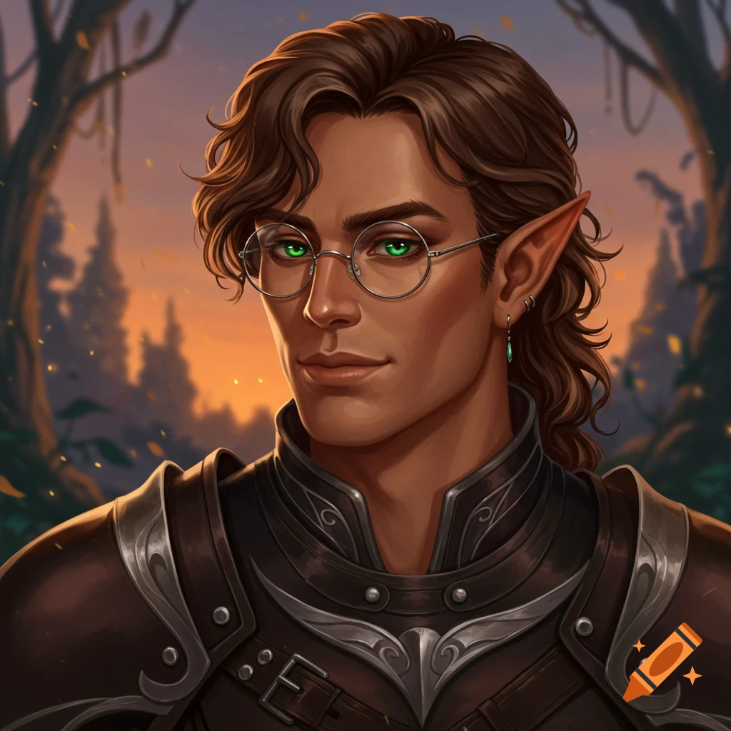 Portrait of a handsome male half-elf with glasses and green eyes in armor, forest background at sunset.
