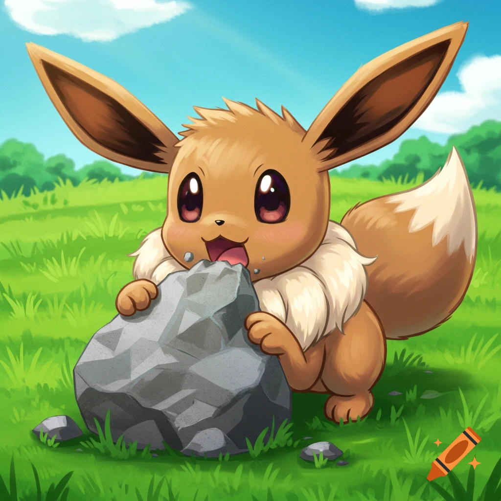 An adorable Eevee enjoying a rock as a snack in a lush, green field.