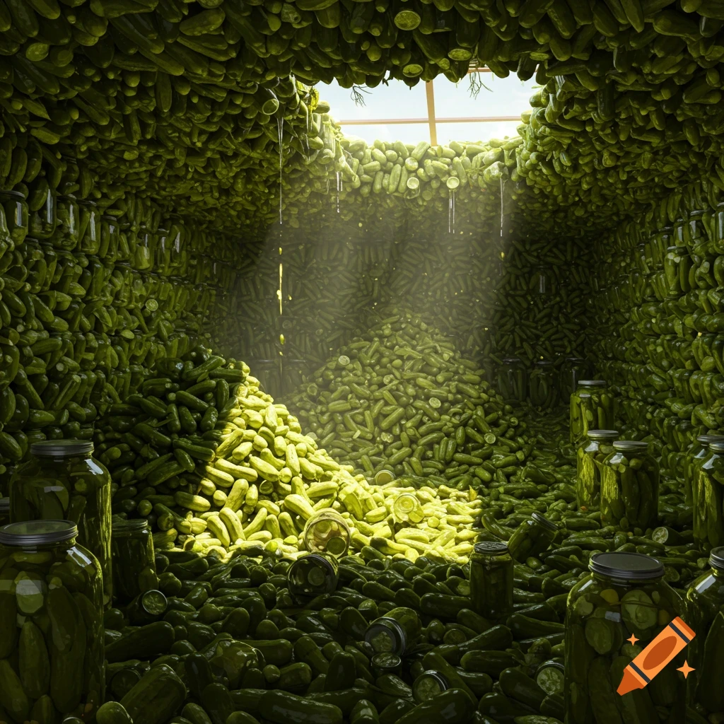 A room filled to the brim with pickles and jars, sunlight streaming from above