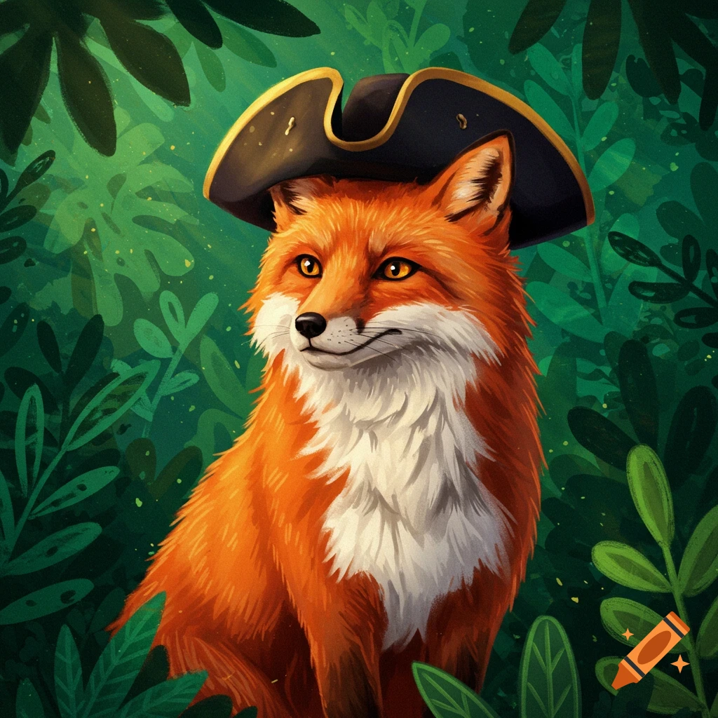 A fox in a tricorn hat sitting in a jungle.