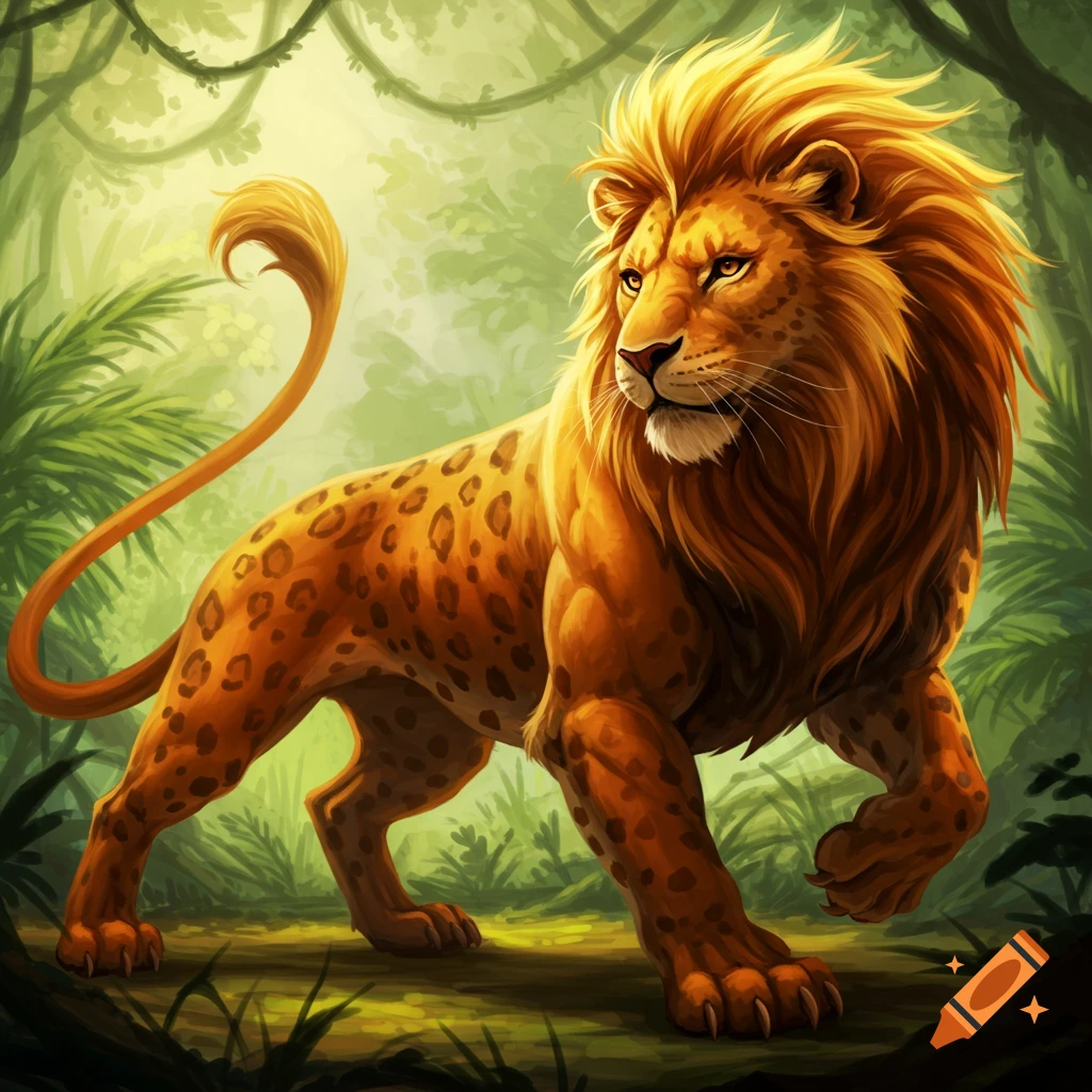 A lion-leopard hybrid standing in a jungle.