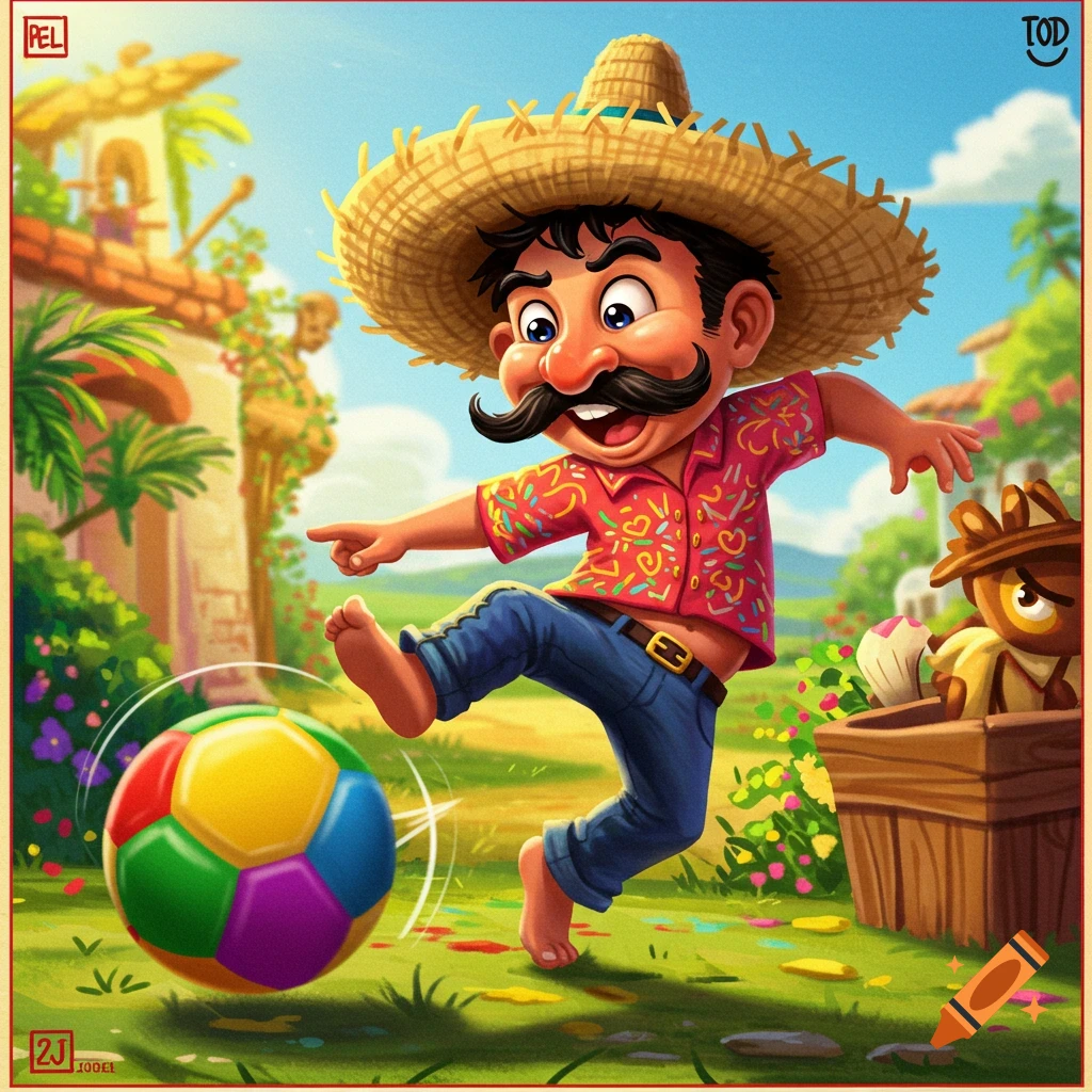 Cartoon man in a sombrero kicking a colorful soccer ball in a village square.
