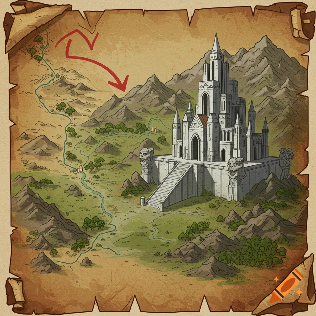 Illustrated fantasy map shows a river, mountains, trees, and an ancient temple with a red arrow pointing towards it.