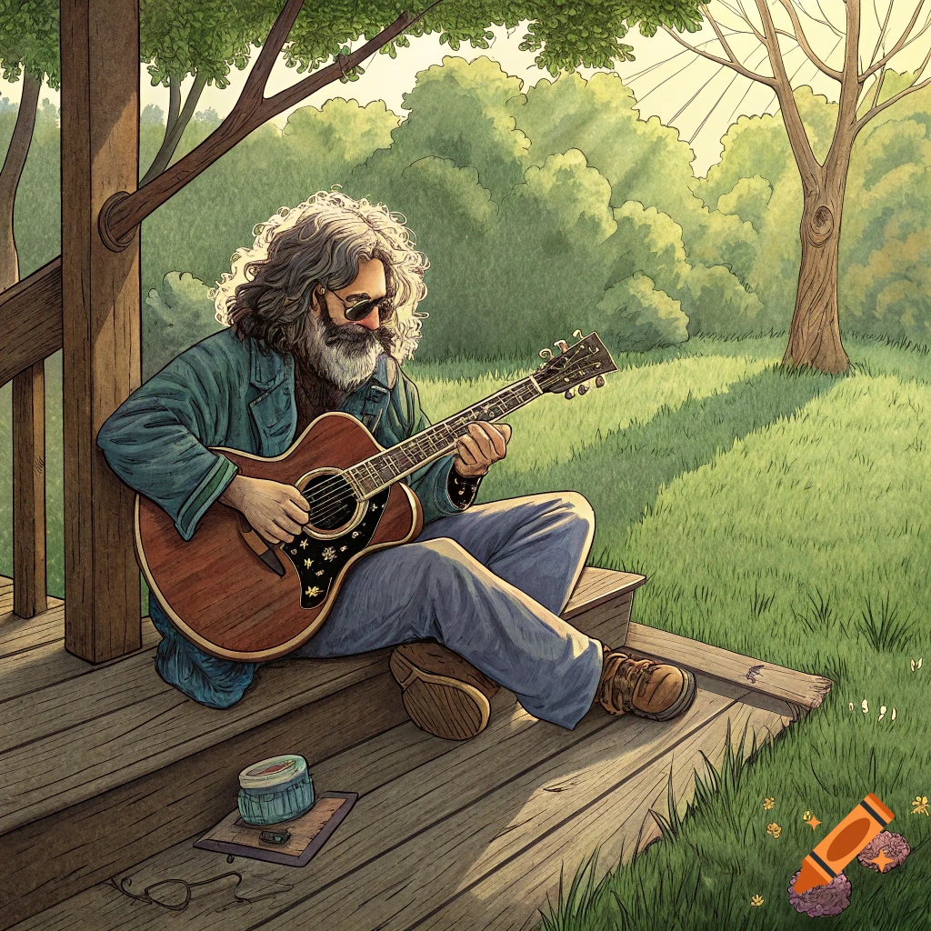 A man with long hair and beard sits on a porch playing an acoustic guitar in a sunny, grassy outdoor scene, illustrated in a watercolor style.