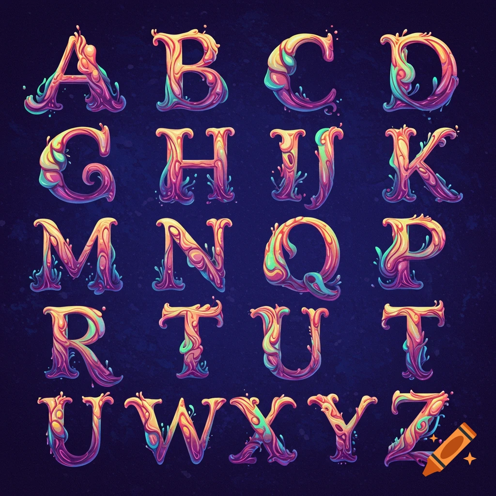Colorful, gooey, dripping alphabet letters A-Z arranged in a grid.