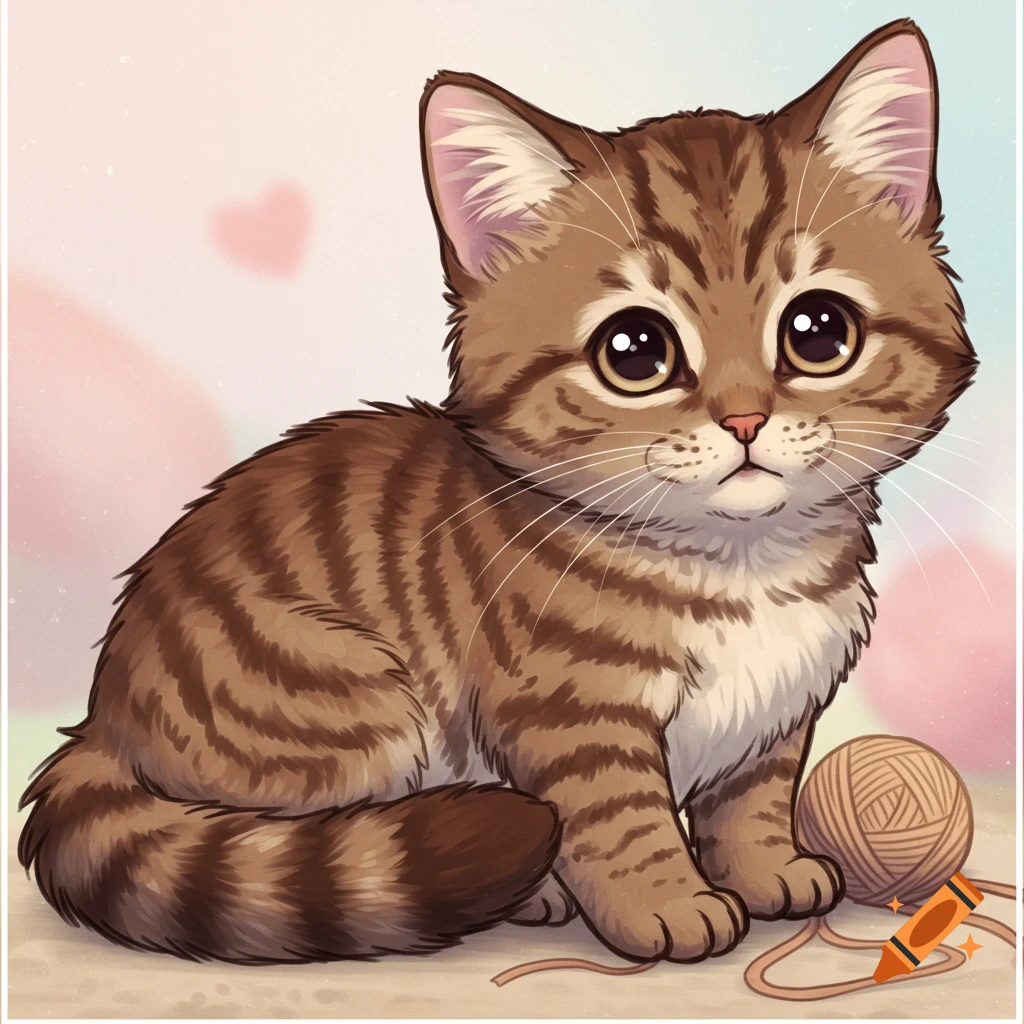 A cute brown tabby kitten with big eyes sits next to a ball of yarn, drawn in anime style.