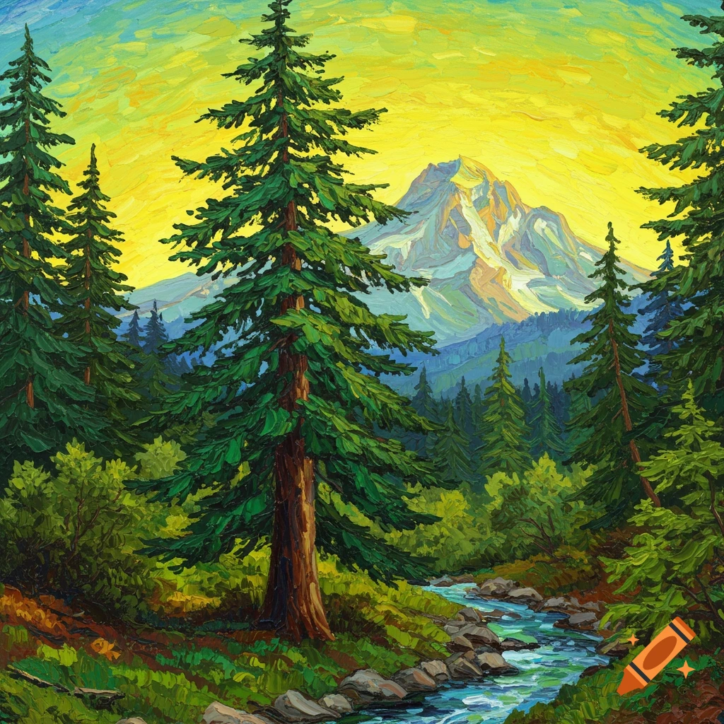 Oil painting of a forest stream with large trees, mountain, and yellow sky.