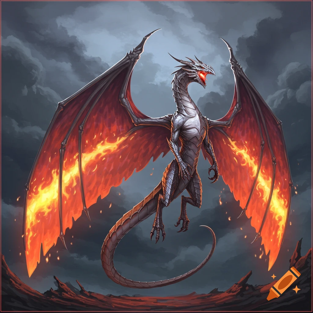 A silver dragon with flaming red wings flies in a cloudy sky over rocky terrain